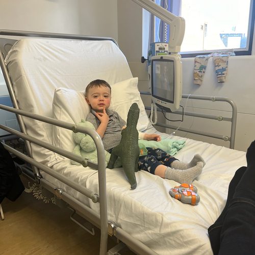 Freddie sitting up in his hospital bed with a dinosaur toy
