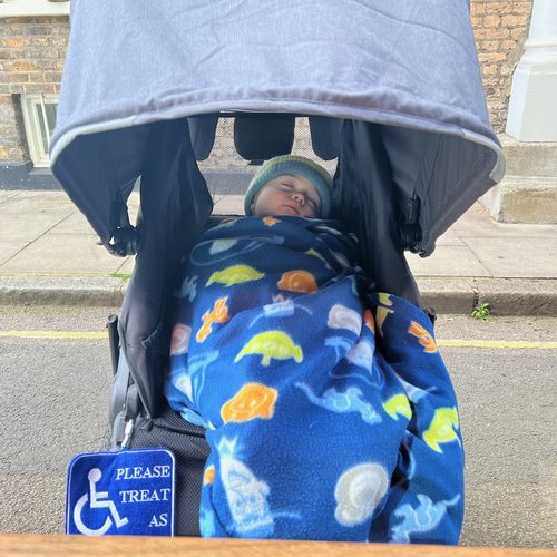 Freddie asleep in his stroller, wrapped in a blanket